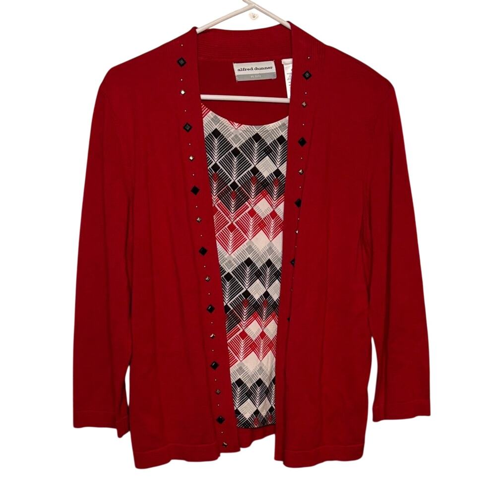 NWT Alfred Dunner Petite Large Red Cardigan Layered Top Women’s PL Studded Trim